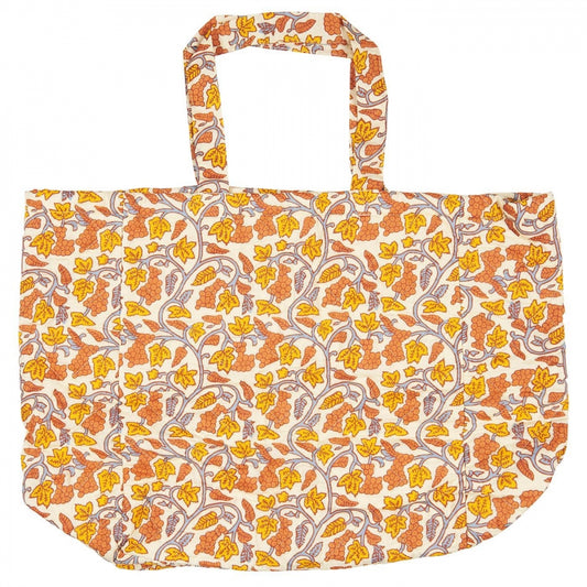 Strandveske Quilt naturfarget m / grå, gule og orange vinranker