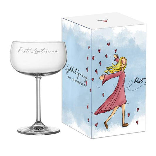 Lykketegning Champagneglass Pust livet er nå