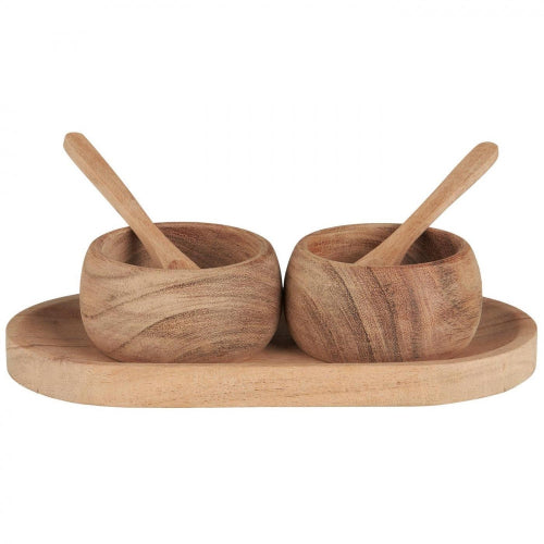 Rundt fat m / 2 skåler og 2 skjeer akacietre