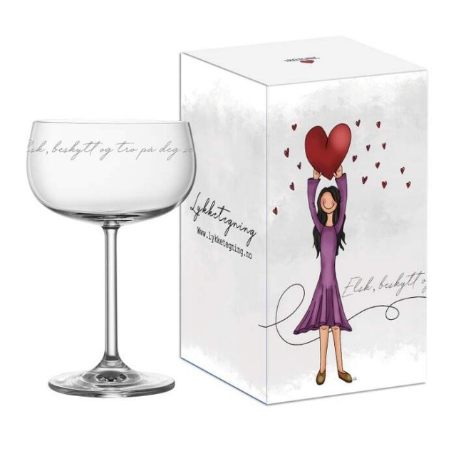 Champagneglass fra Lykketegning tekst: elsk , beskytt og tro på deg selv