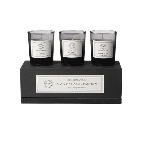 Bruka Design duftlys mini gavesett boks sort cava, prosecco mørk rom røyksort