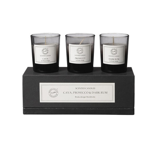Bruka Design duftlys mini gavesett boks sort cava, prosecco mørk rom røyksort