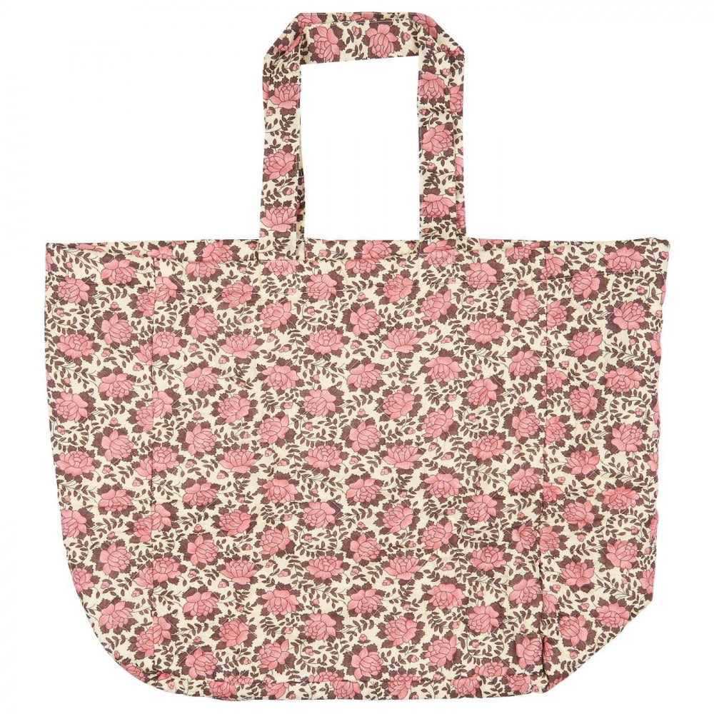 Strandveske Quilt Naturfarget m / rosa og brunt blomstermønster